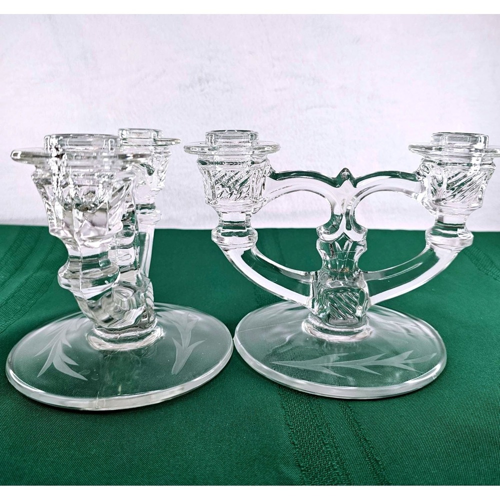 Pair Vintage Etched Glass Taper Candle Holders Double Arm Candelabra Crystal‎